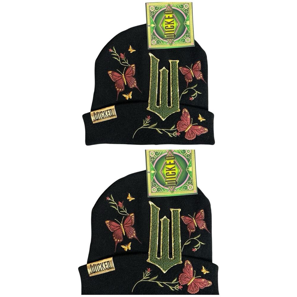 WICKED Spellbinding Floral Butterfly Cuffed Beanie Glinda Elphaba OZ Lot of 2